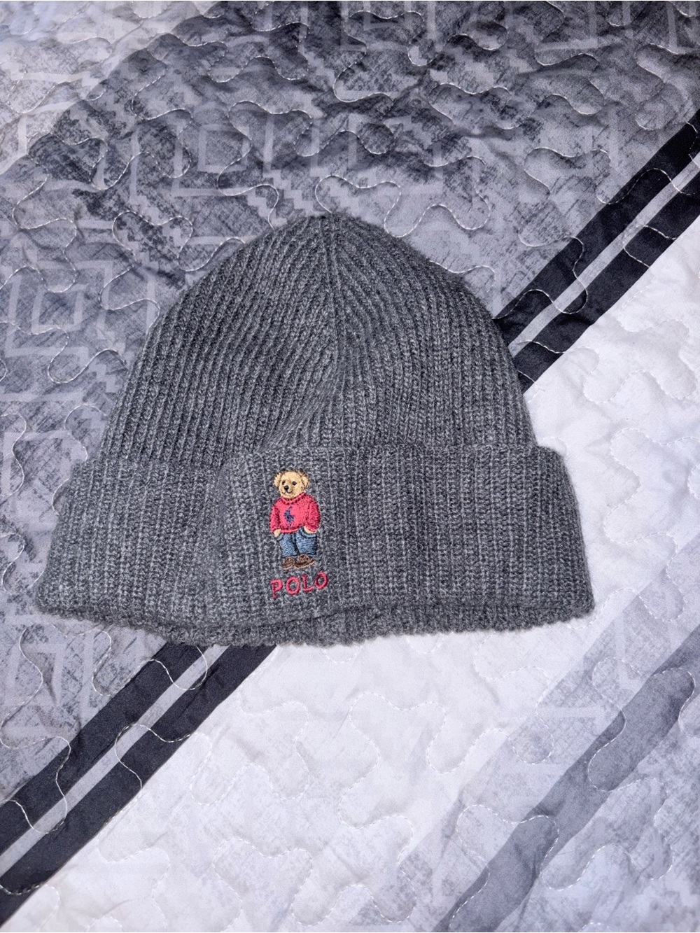 Ralph Lauren Gray Knit Beanie with Embroidered Polo Bear